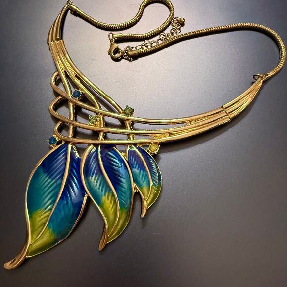 Art Deco Nouveau Style Enamel Gold Tone Statement Necklace - Picture 5 of 8